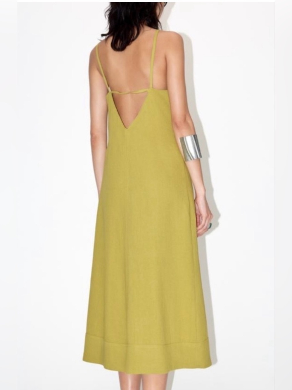 Zara Olive Green Backless linen Spaghetti Strap Midi Dress